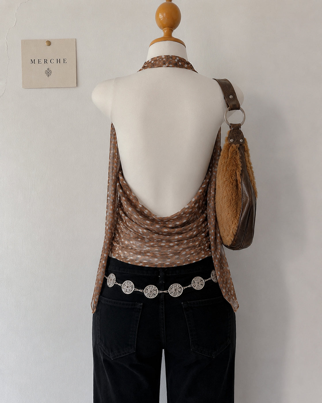 LOST AT SEA SHEER MESH DRAPE RING DETAIL HALTERNECK TOP