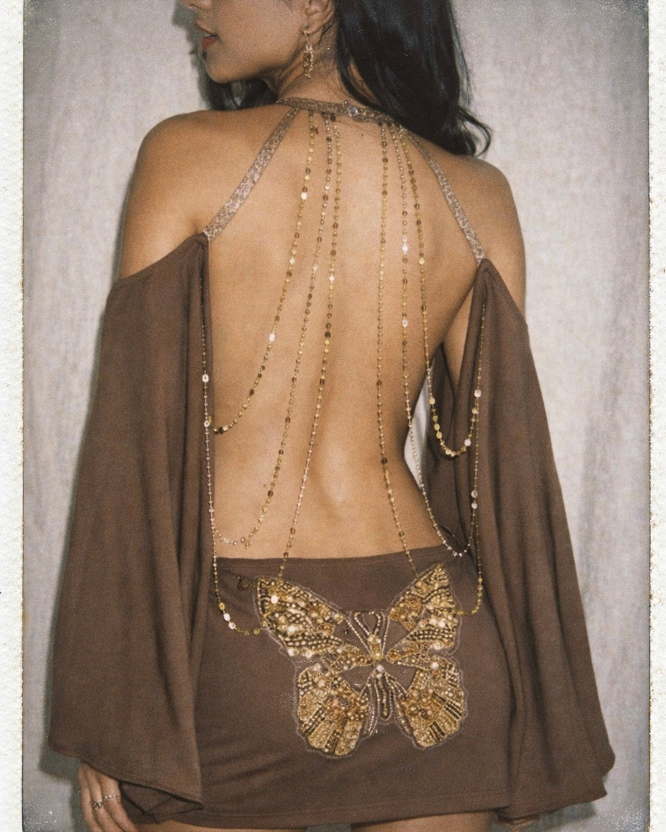 ICONS ONLY EMBELLISHED OPEN-BACK EMBROIDERED BROWN DRESS”