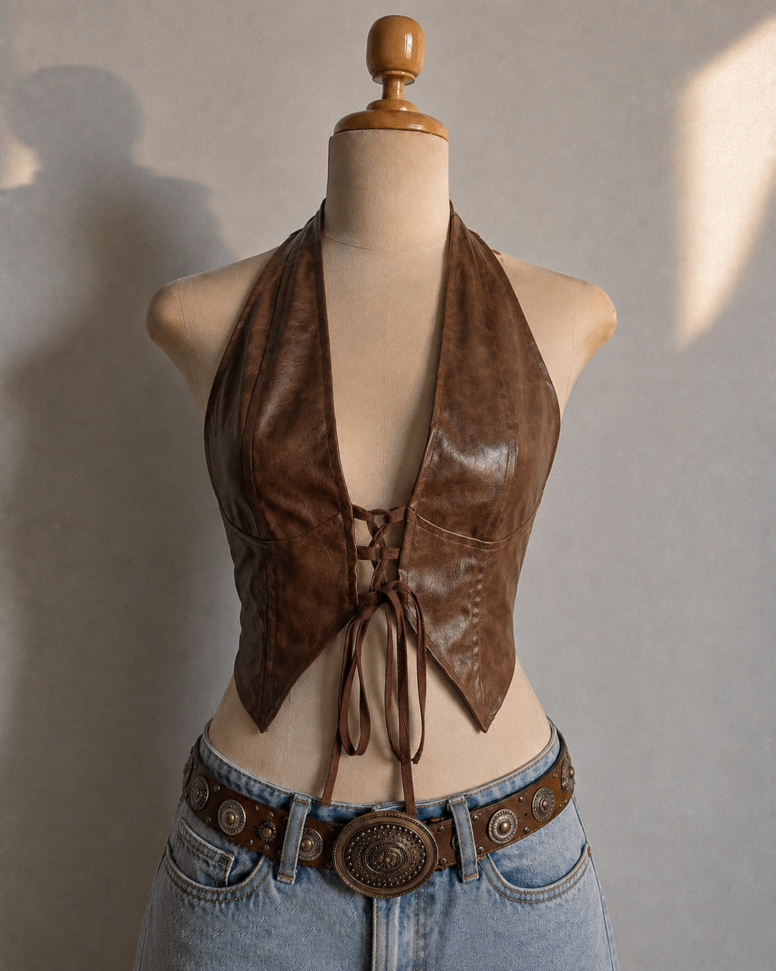 HIGH MAINTENANCE FAUX LEATHER BROWN HALTERNECK TOP