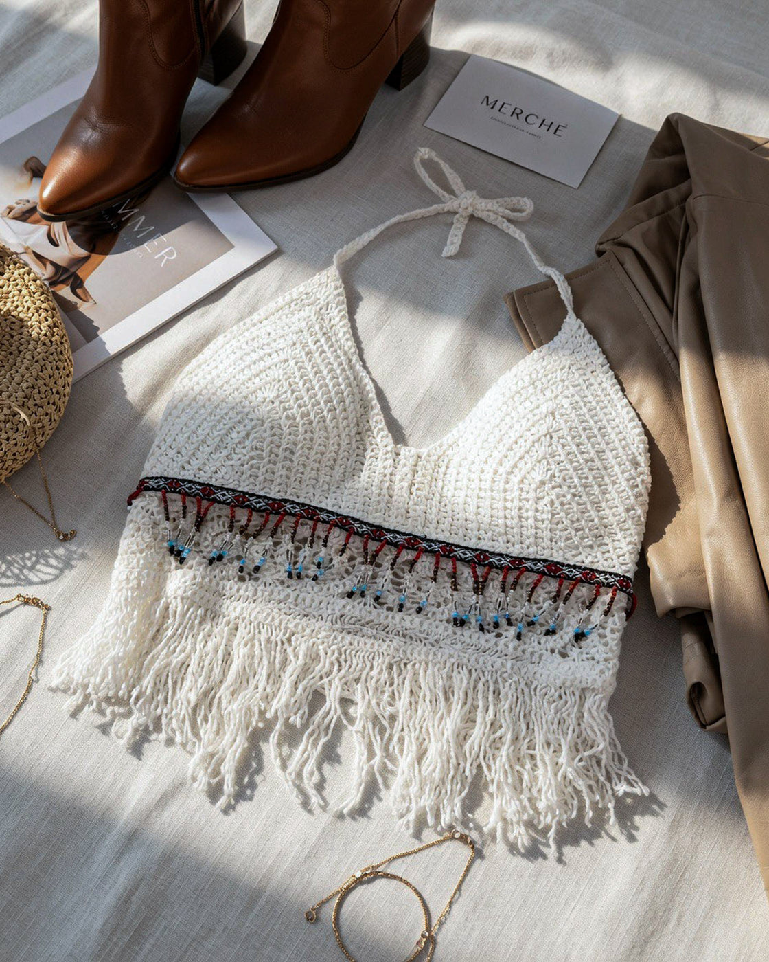 COULD BE THE ONE BEADED CROCHET WHITE HALTERNECK TOP