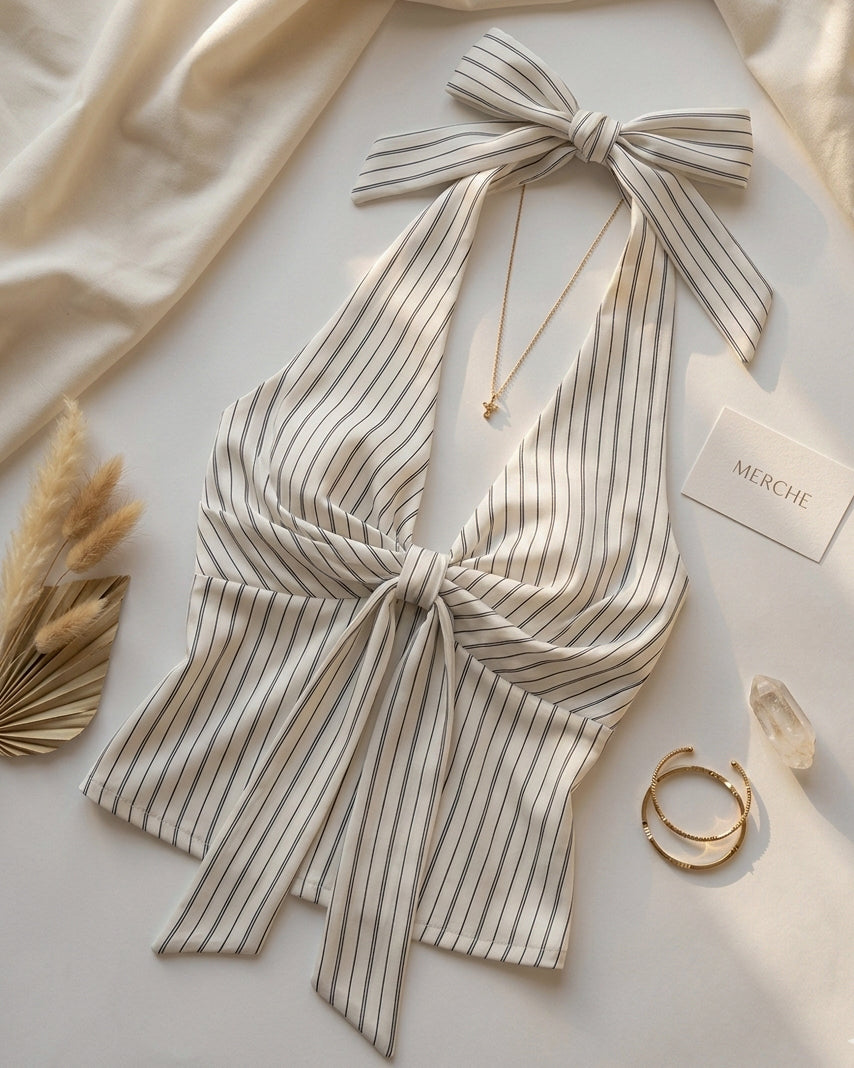 COMMITMENT ISSUES STRIPED BOW HALTERNECK TOP