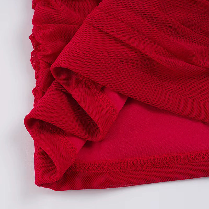 MOVIE STAR MESH DETAIL CORSETED RED HALTERNECK DRESS