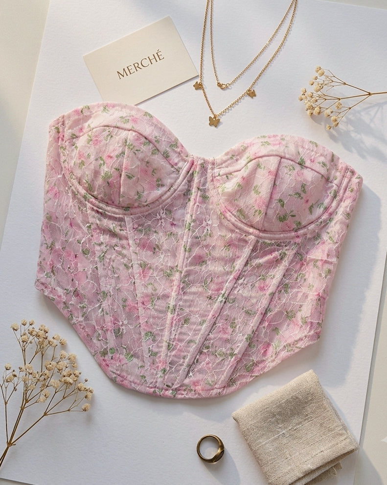 ROMAN HOLIDAY FLORAL BONING DETAIL SOFT PINK CORSET