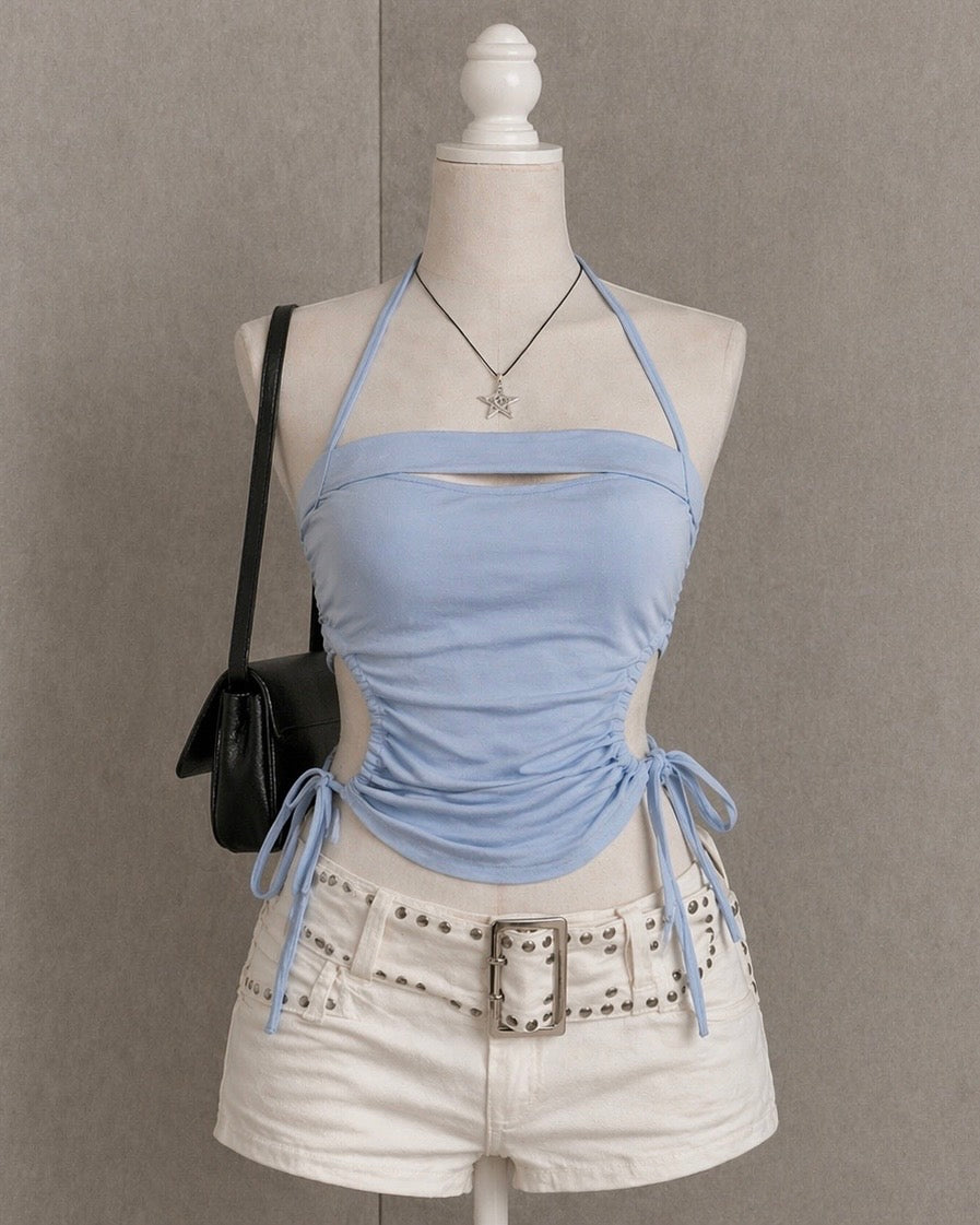 COOL MUSE SIDE CUT-OUT DRAWSTRING PADDED ICE BLUE HALTERNECK TOP