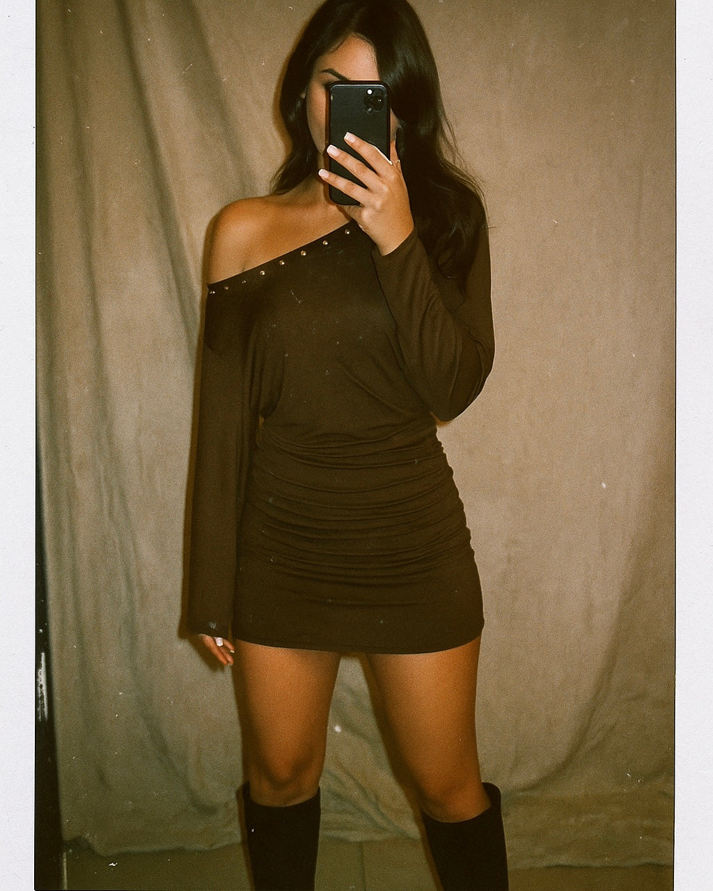 GRATITUDE FOR YOU BROWN METAL DETAIL DRAPED DRESS