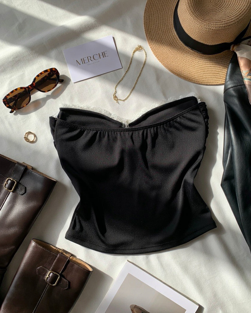 LIKE A STAR PADDED MESH DETAIL BLACK BANDEAU TOP