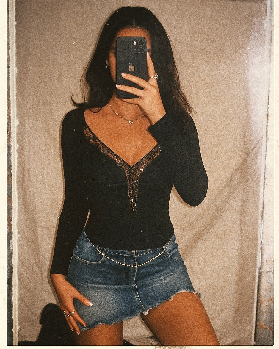 KITTY GLITTER EMBELLISHED BLACK LUXE TOP