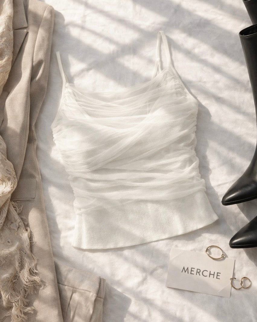 WINGS OF MINE MESH DRAPE WHITE CAMI TOP