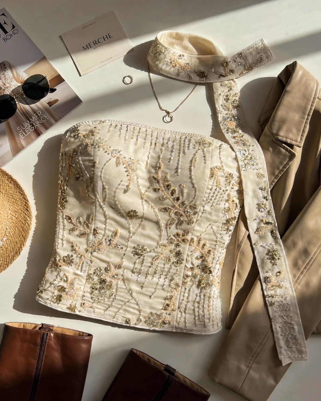 BRITNEY CALLED EMBROIDERED BANDEAU TOP WITH PENCIL SCARF