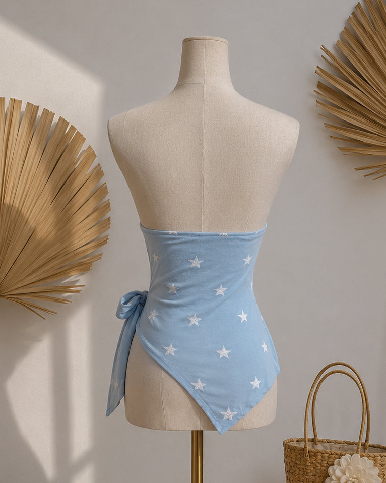 WRITTEN IN THE STARS PADDED TWISTED TIE-UP BLUE BANDEAU TOP