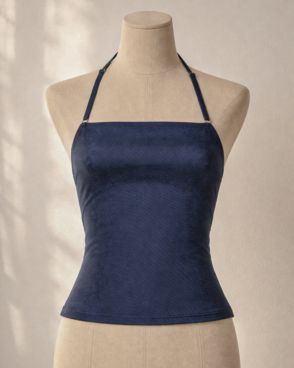 SERVING INSANITY FAUX DENIM HALTERNECK TOP