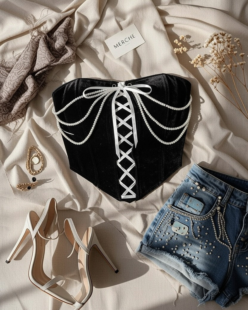 NOT YOUR BABY LUXE EMBELLISHED VELOUR  BANDEAU TOP