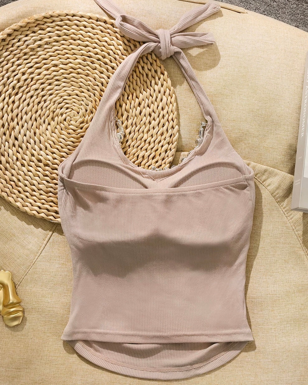 BISTRO LOVER DIAMOND EMBELLISHED PADDED TAUPE HALTERNECK TOP