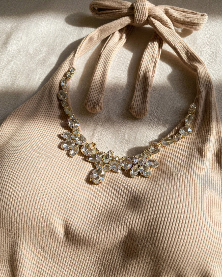 BISTRO LOVER DIAMOND EMBELLISHED PADDED TAUPE HALTERNECK TOP