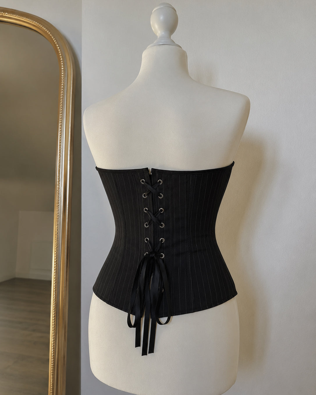 GATEKEEP THIS PINSTRIPE LUXE BLACK CORSET