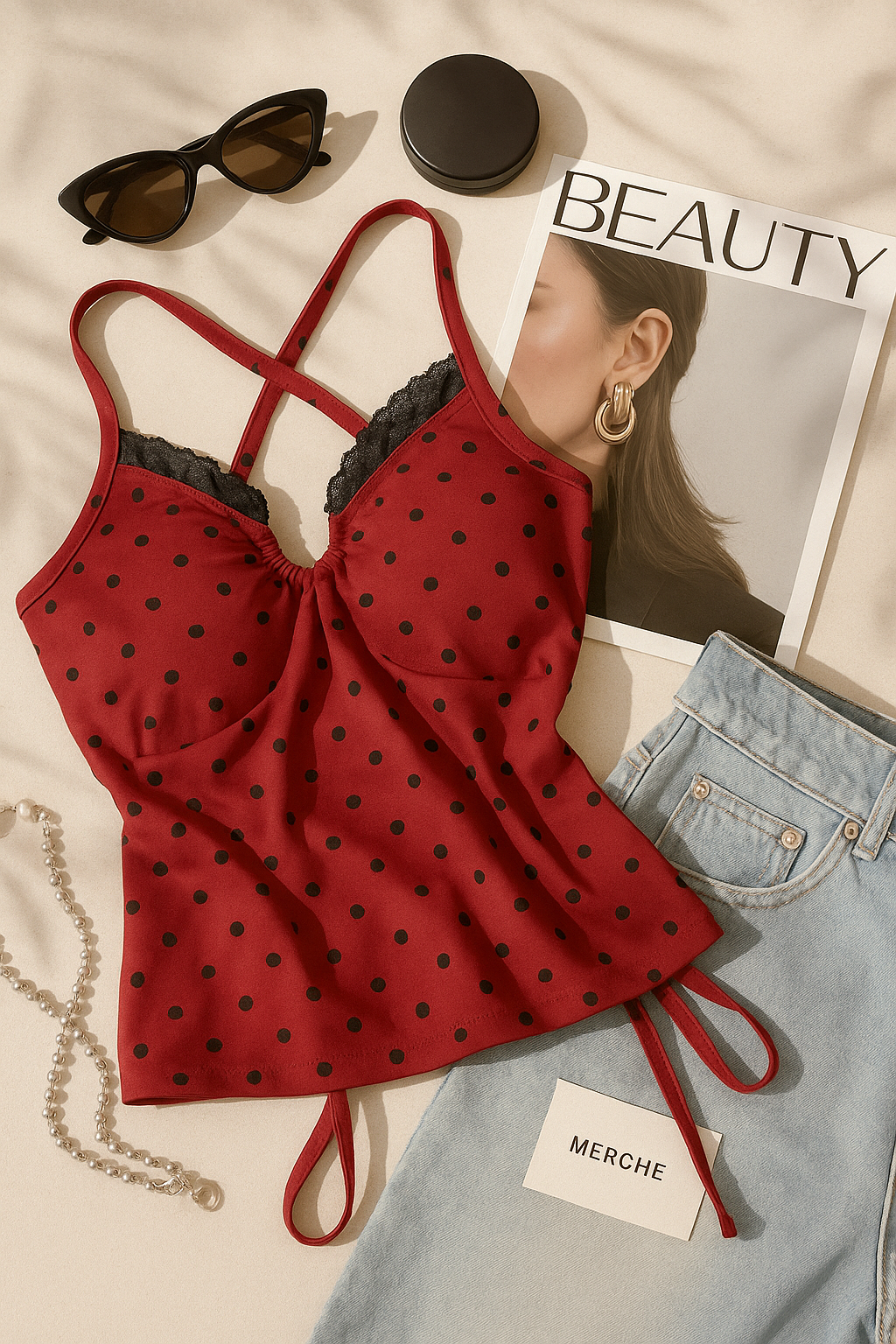 PALM SPRINGS PADDED CROSSBACK RED POLKA TOP