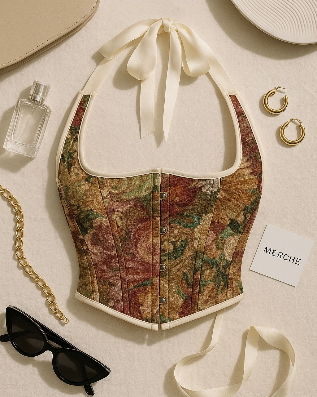 SCANDAL ERA FLORAL JACQUARD CORSETRY HALTERNECK TOP