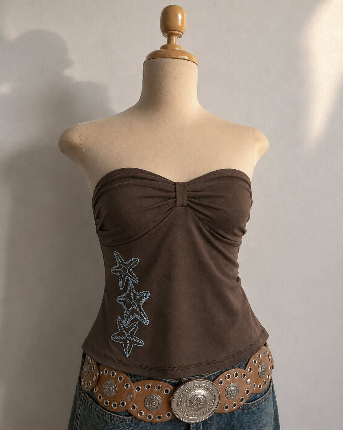 BEACH BABE EMBROIDERED TWISTED STRAPLESS TUBE TOP