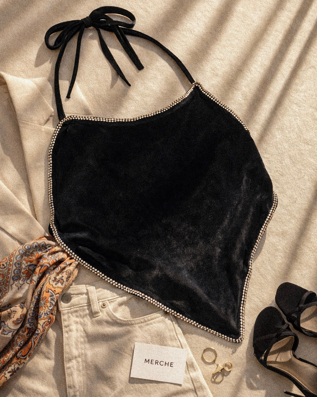 BLING BANDIT EMBELLISHED VELOUR HALTERNECK TOP