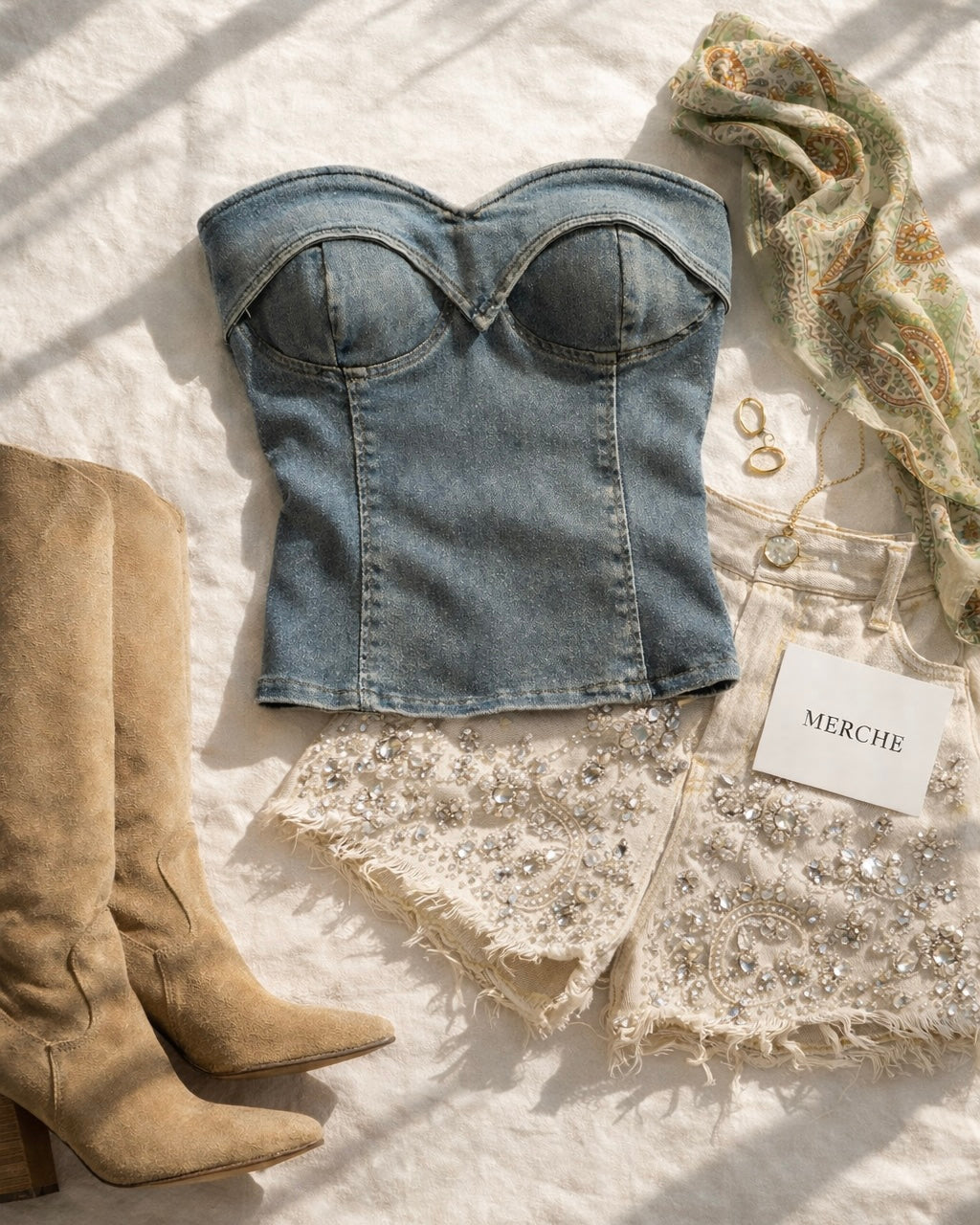 CINEMATIC TRIP PADDED BLUE DENIM BANDEAU TOP