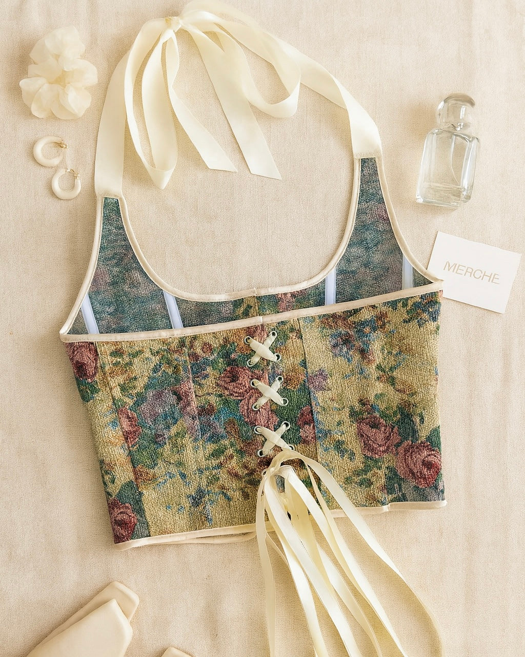 SCANDAL ERA BEIGE FLORAL JACQUARD CORSETRY HALTERNECK TOP