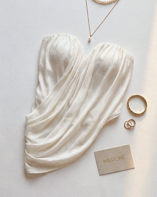BAE CLUB DRAPED ASYMMETRICAL STRAPLESS WHITE TOP