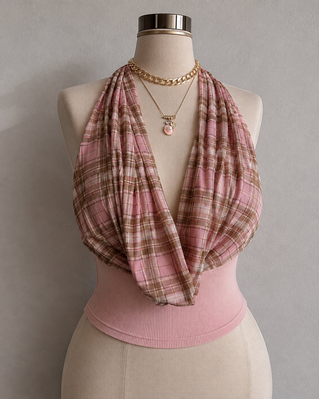 PLAID YOUR CARD PADDED PINK COWL BOW-TIE HALTERNECK TOP