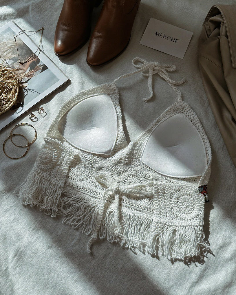 COULD BE THE ONE BEADED CROCHET WHITE HALTERNECK TOP
