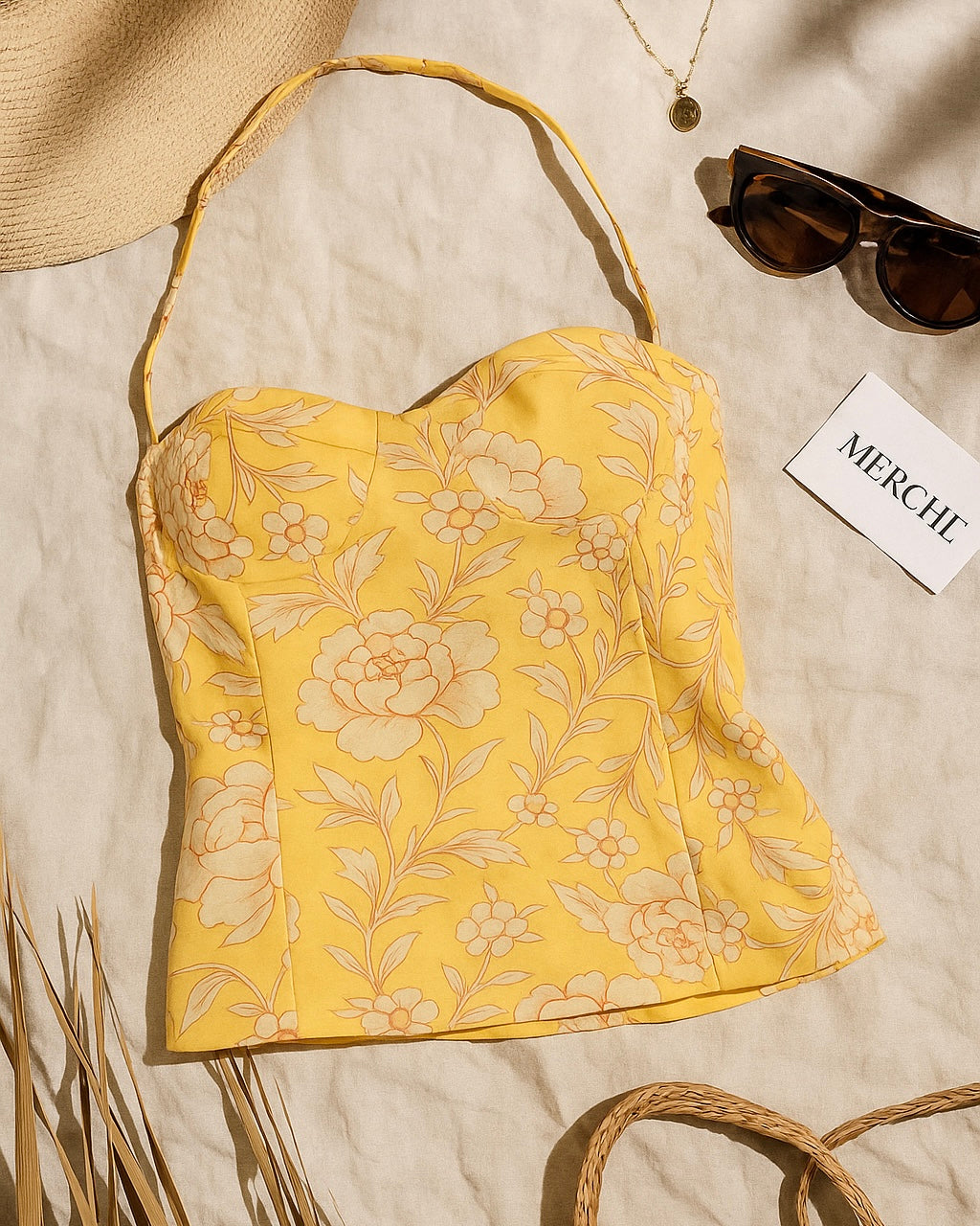 MARSHMALLOW TALK FLORAL YELLOW HALTERNECK TOP
