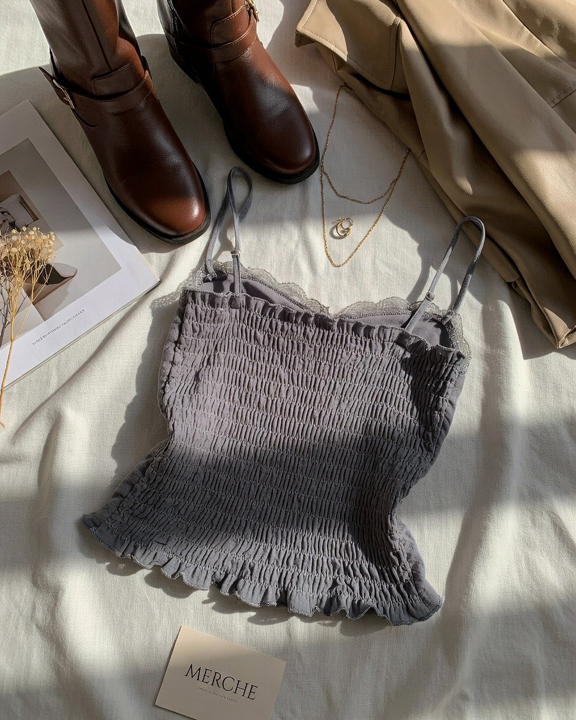 MOVIE NIGHT PADDED MESH DETAIL GREY CAMI TOP