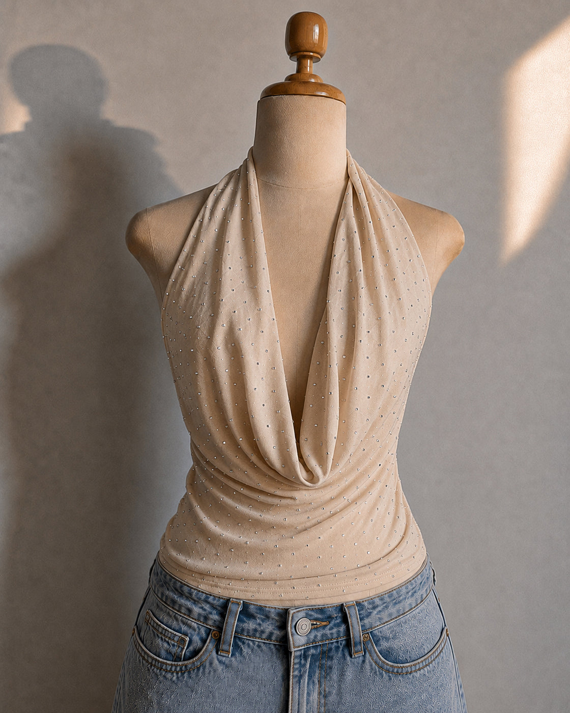 PHI PHI NIGHTS RHINESTONE EMBELLISHED BEIGE HALTERNECK TOP