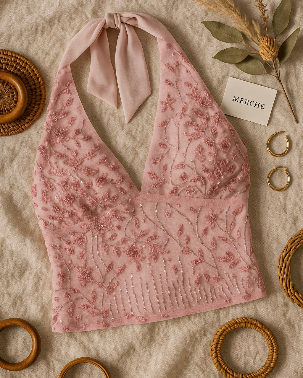 FLIRTY VERSE EMBROIDERED PINK HALTERNECK TOP