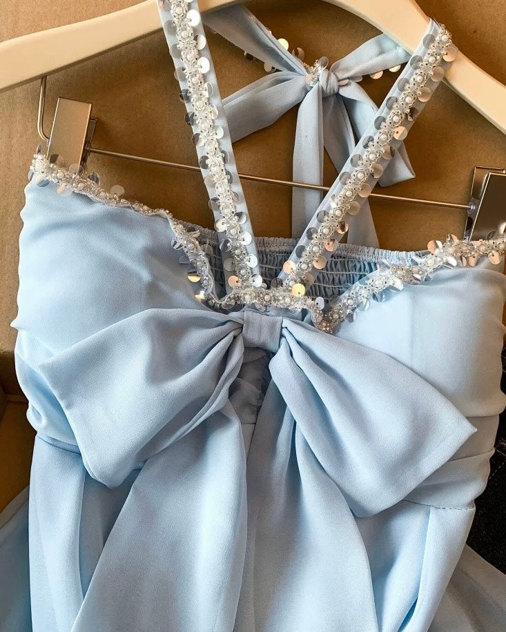 PRETTY TWICE PADDED SHIMMER DETAIL BOW BLUE HALTERNECK TOP