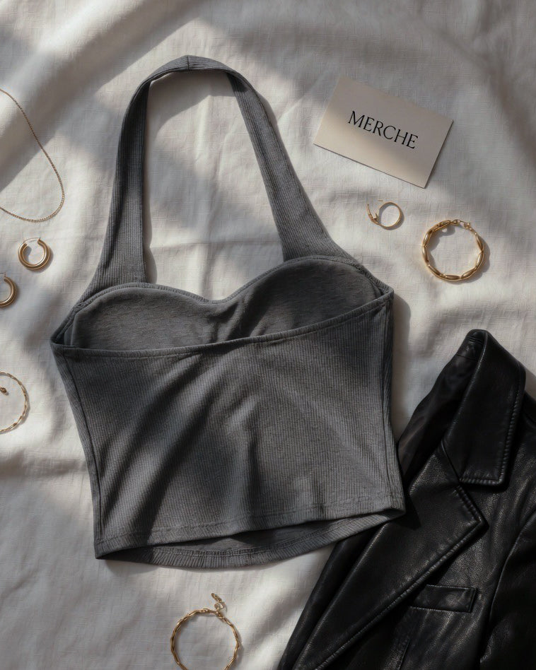 PEOPLE PLEASER PADDED GREY HALTERNECK TOP