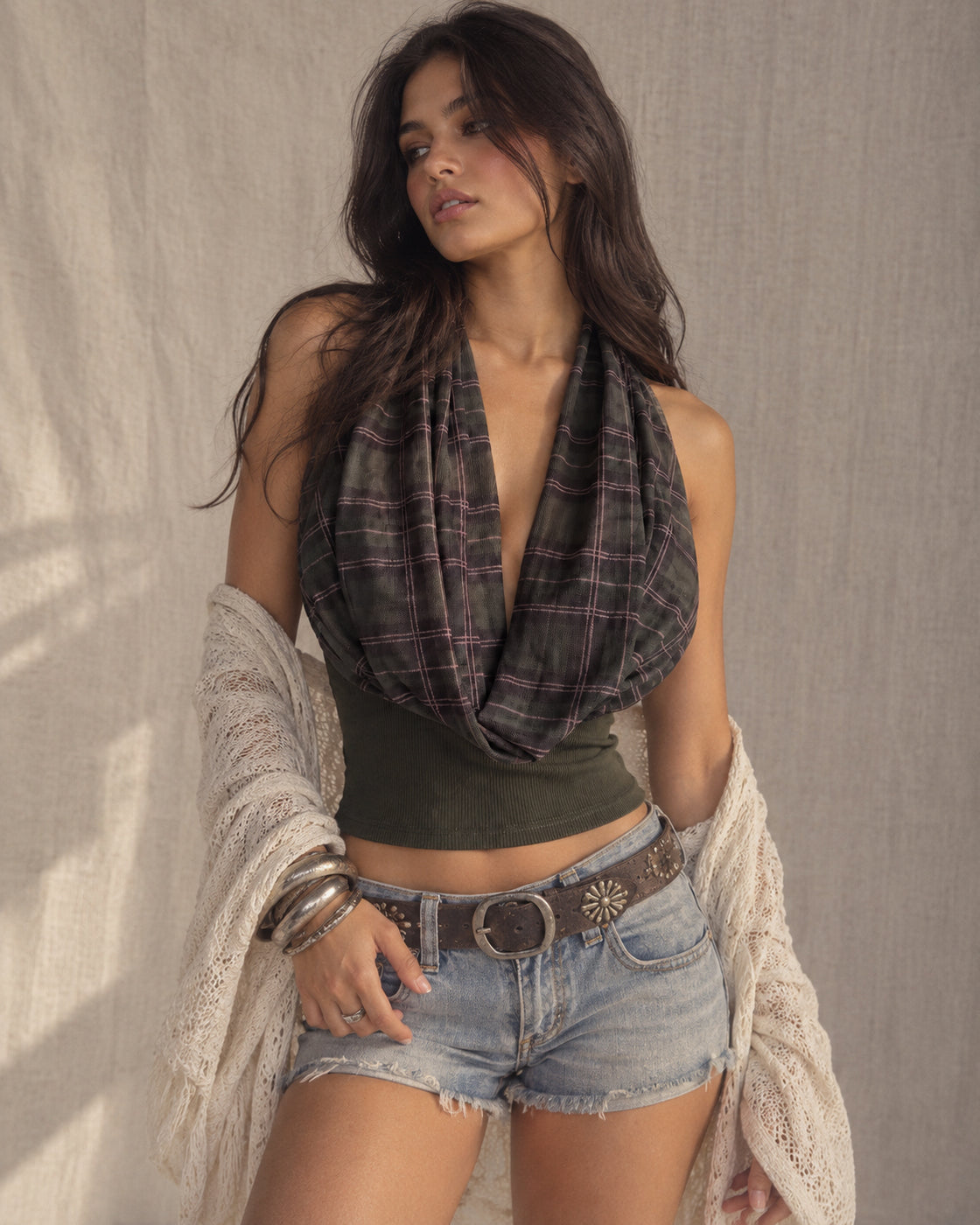 PLAID YOUR CARD PADDED COWL BOW-TIE OLIVE HALTERNECK TOP