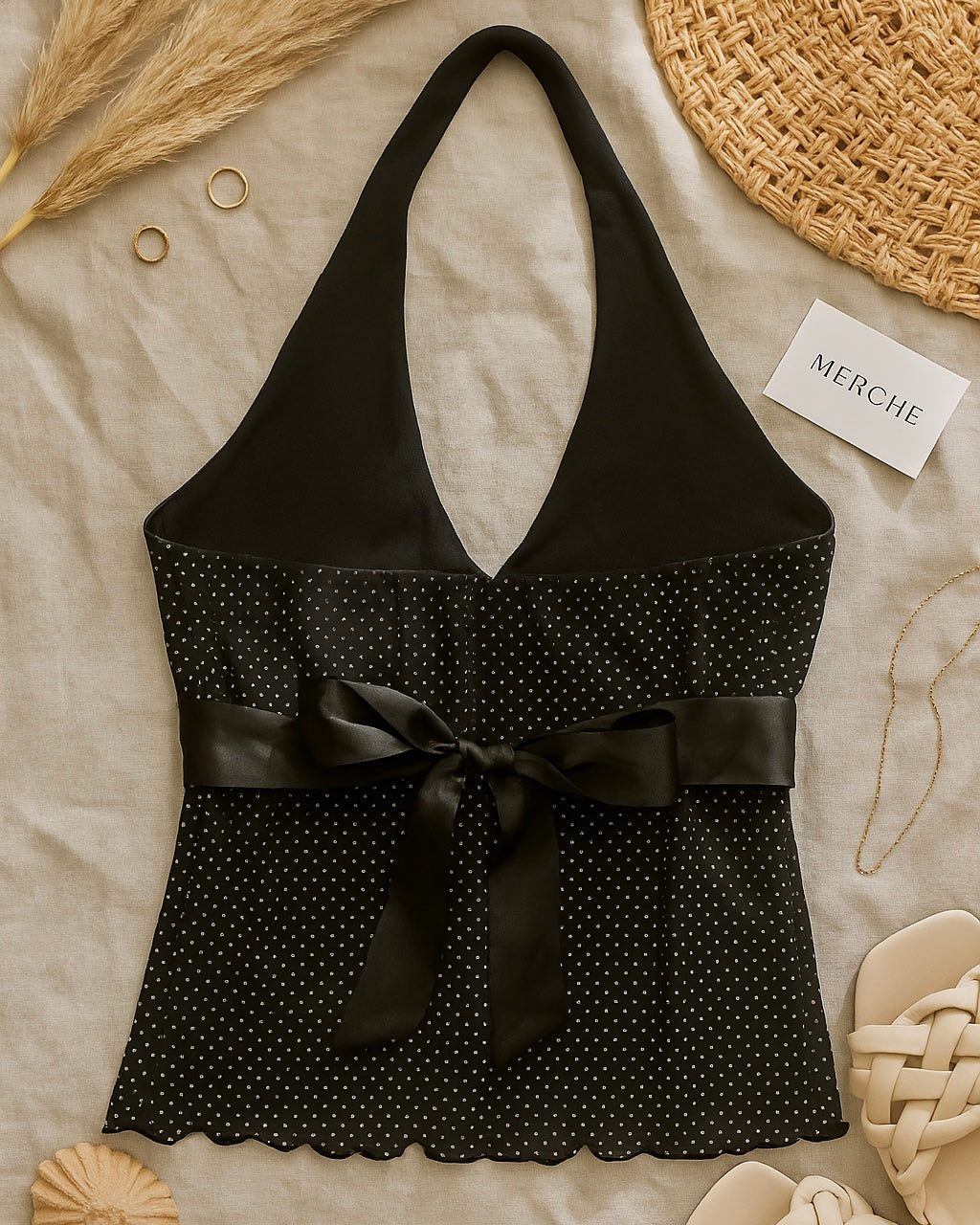 SPOTTED YOU BOW-BACK HALTERNECK TOP