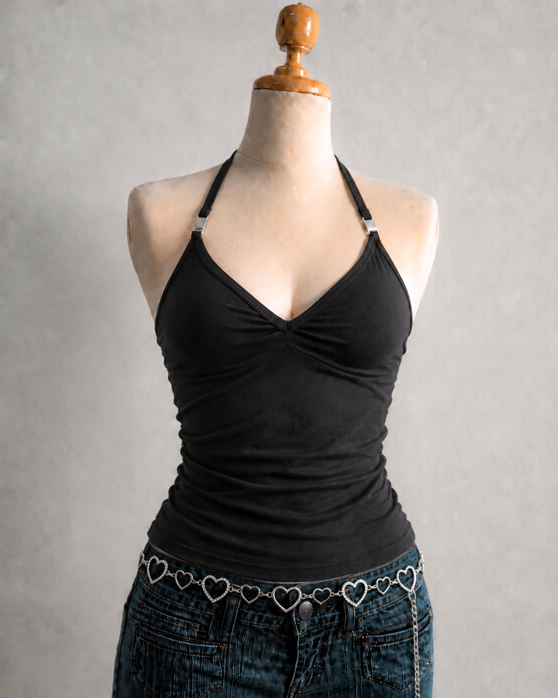 FRONT ROW METAL BUCKLE DETAIL BLACK HALTERNECK TOP