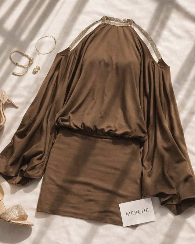 ICONS ONLY EMBELLISHED OPEN-BACK EMBROIDERED BROWN DRESS”