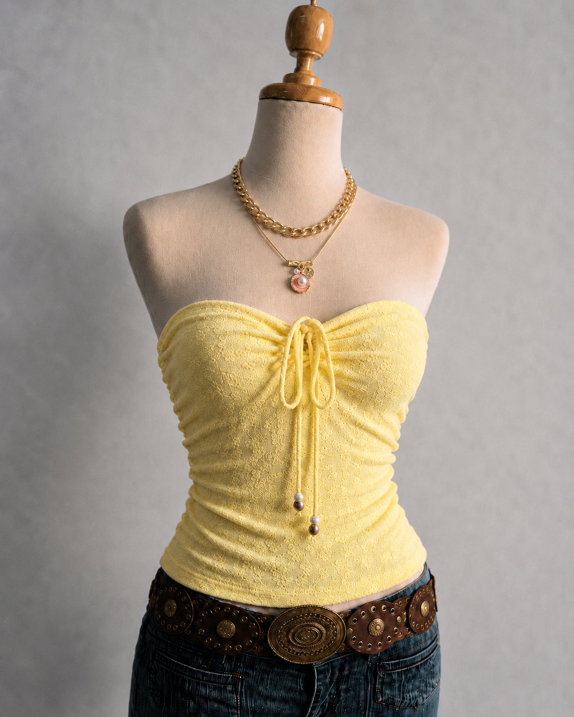 TEMPT ME NOT LEMON CREAM DRAWSTRING BANDEAU TOP