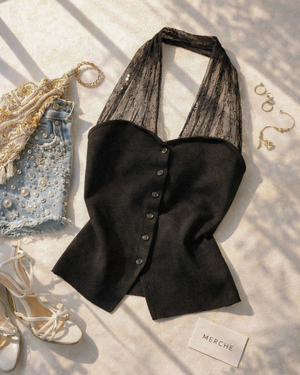 HIDDEN AGENDA LACE DETAIL KNITTED LUXE HALTERNECK BLACK TOP