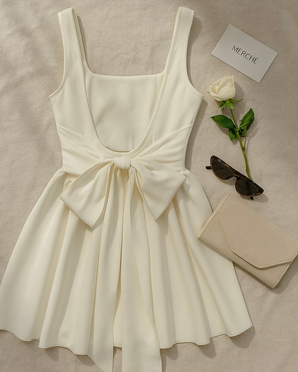 BARBIE IN WHITE BOW-BACK MINI FLARE DRESS