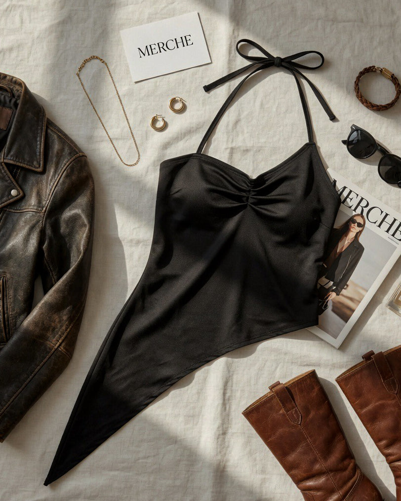 ITALIAN LOVER ASYMMETRICAL BLACK HALTERNECK TOP