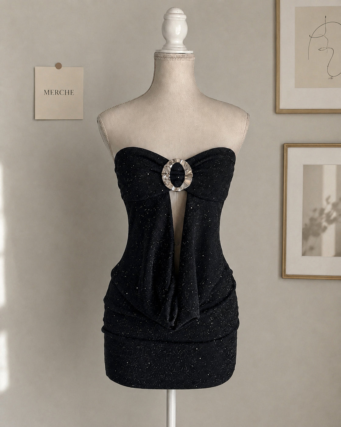COCKTAIL HOUR SHIMMER COWL BLACK BANDEAU DRESS