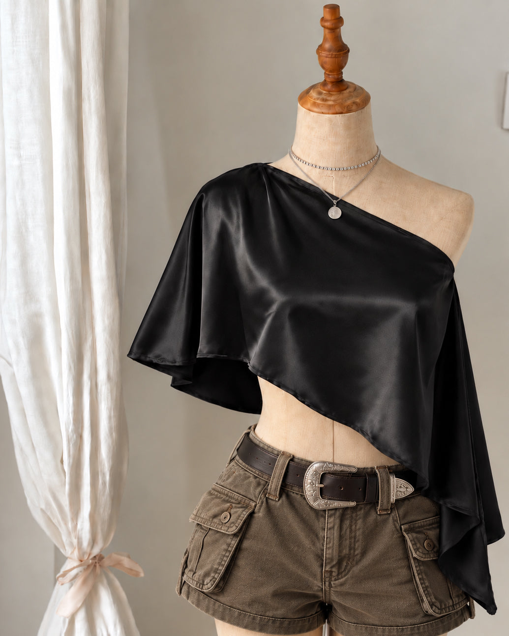DRAPE ASSIGNMENT LUXE SATIN OFF-SHOULDER CAPE TOP