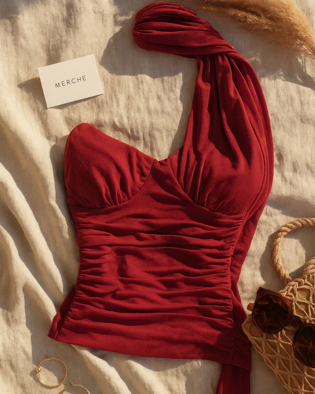 STARRY NIGHT LUXE MESH BONING ATTACHED SCARF RED BUSTIER TOP