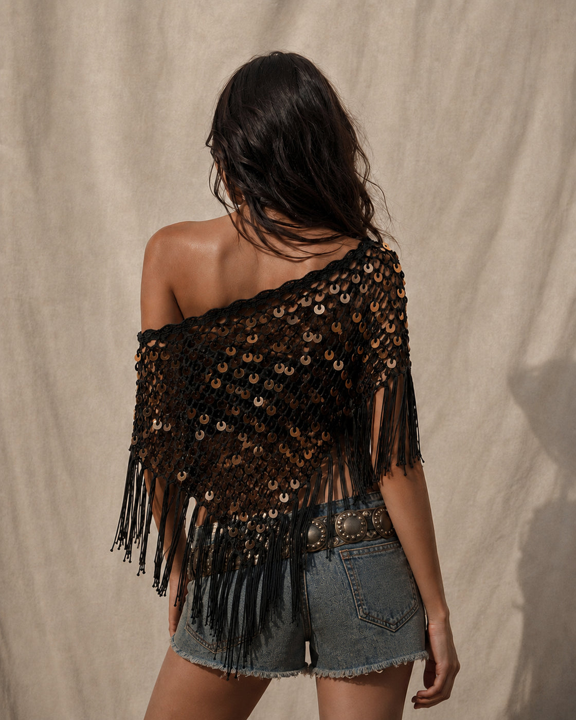 COACHELLA FIT SEQUIN EMBELLISHED KNITTED BLACK PONCHO TOP