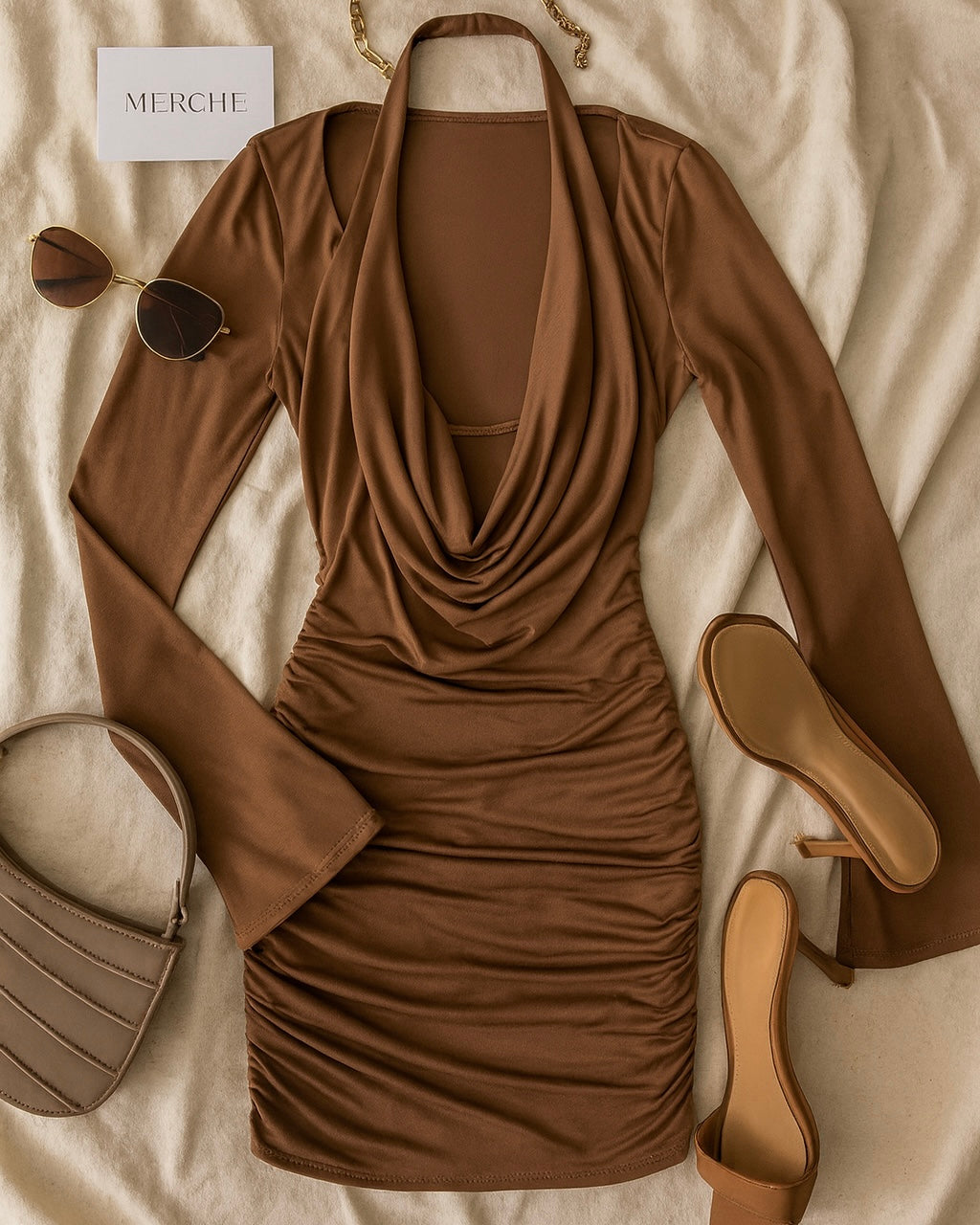 CHIC BUSINESS BROWN COWL DRESS