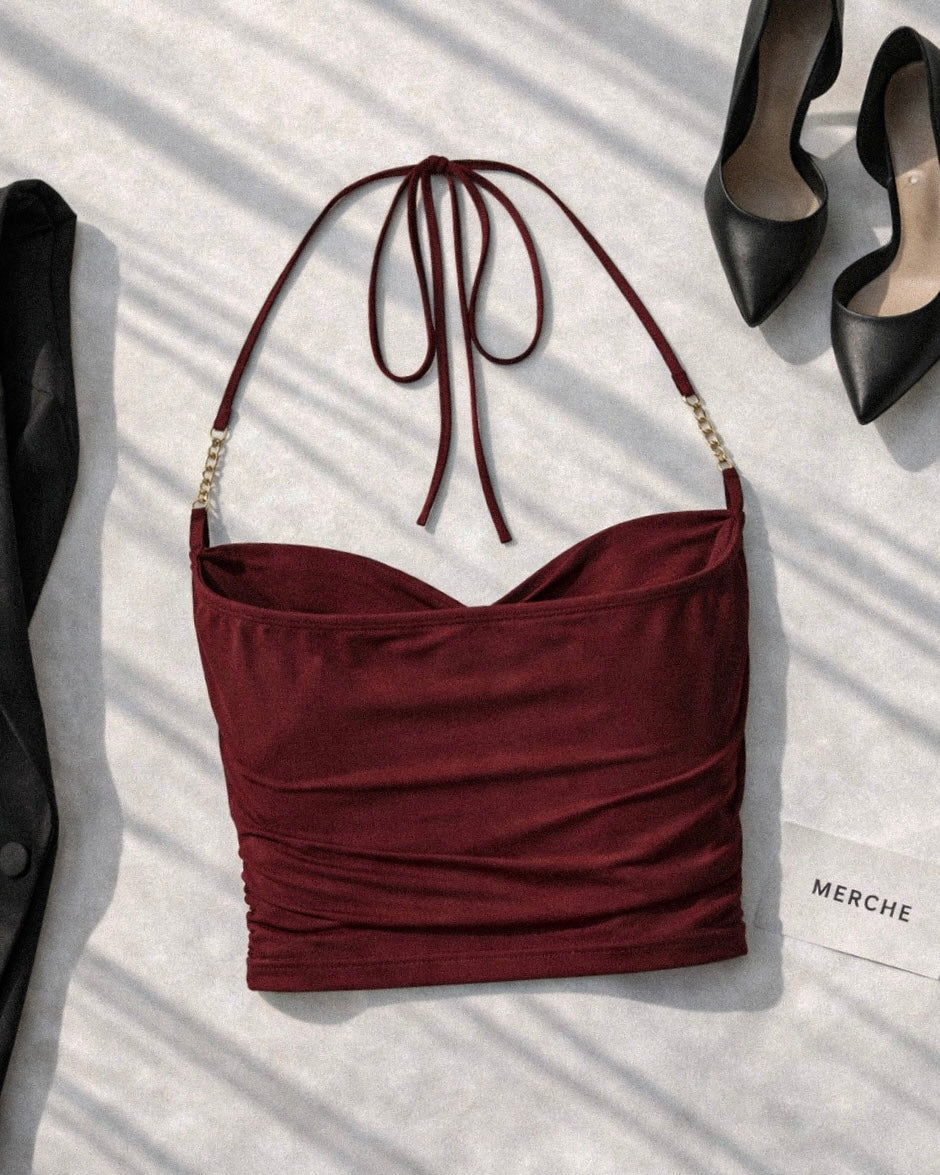 HYPERPOP DRAPE MAROON HALTERNECK TOP