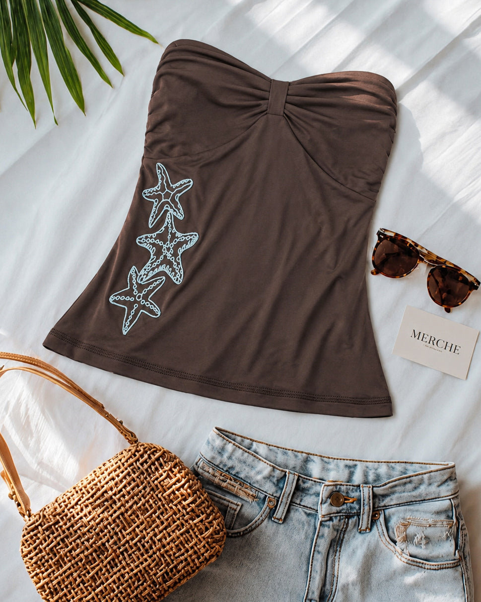 BEACH BABE EMBROIDERED TWISTED STRAPLESS TUBE TOP