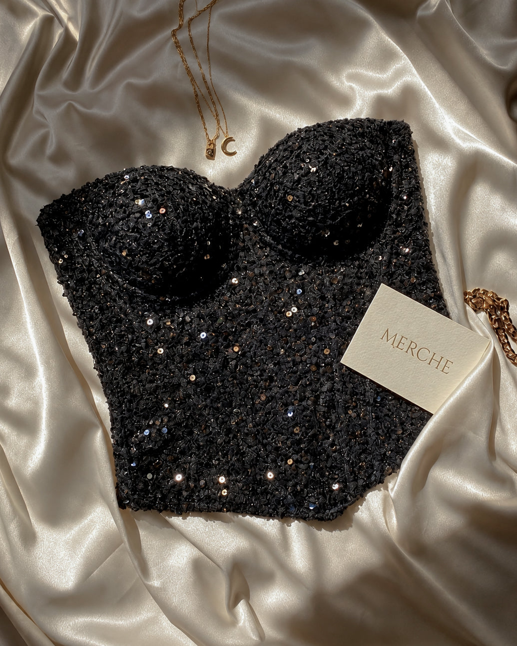 BLESS MY WARDROBE SEQUIN EMBELLISHED PADDED BLACK CORSET